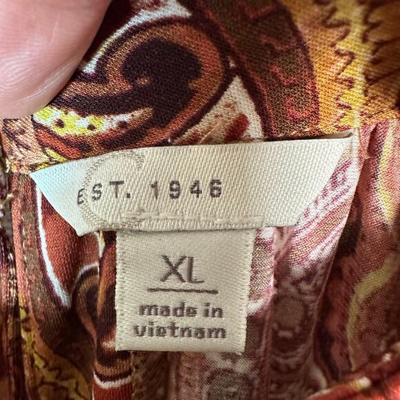 E.S.T. 1946 blouse mock neck paisley cream brown bohemian 3/4 length sleeve  - Picture 3 of 10